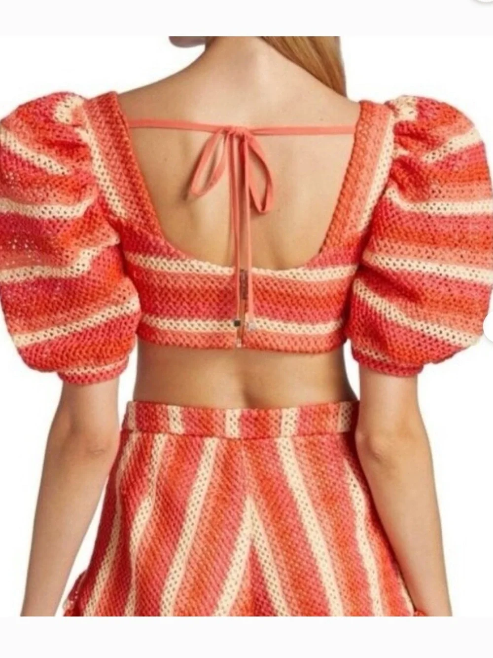 PatBO Orange and Cream Crochet Puff-Sleeve Crop Top & Ruffle Shorts Set - Picture 3 of 16